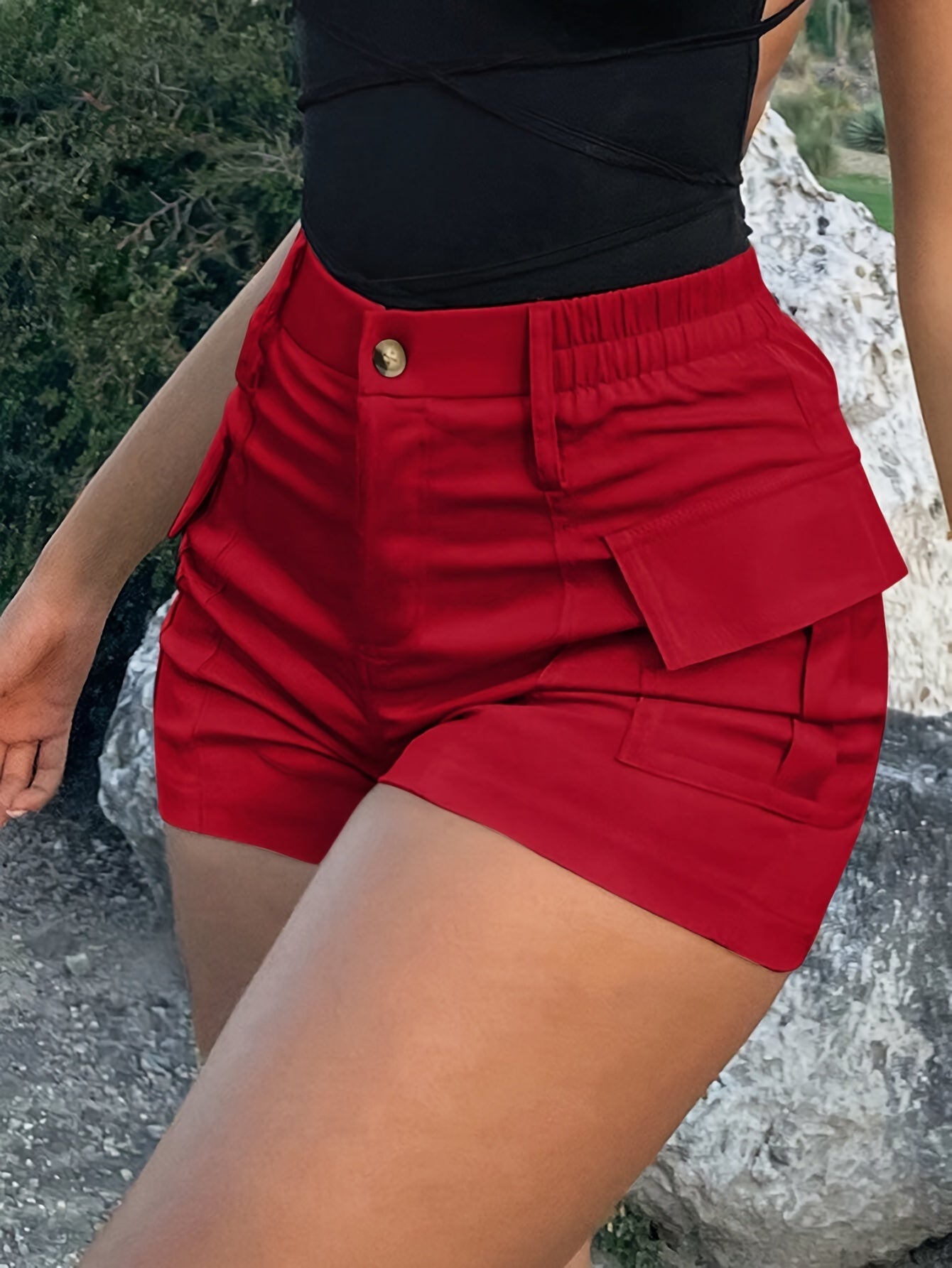 Flap Pocket High Waist Cargo Shorts, Vacation Fashion Shorts For Spring & Summer, Women's Clothing