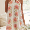 Women's Boho Floral Halter Neck Dress - Open Back Tie-Up Waist Sleeveless Mini Dress with Pink Flowers on White, Lightweight Summer Casual Beach Dress, Machine Washable, Beach Dresses, Festive Occasion Attire, Nontransparent
