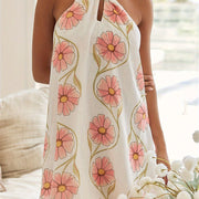 Women's Boho Floral Halter Neck Dress - Open Back Tie-Up Waist Sleeveless Mini Dress with Pink Flowers on White, Lightweight Summer Casual Beach Dress, Machine Washable, Beach Dresses, Festive Occasion Attire, Nontransparent
