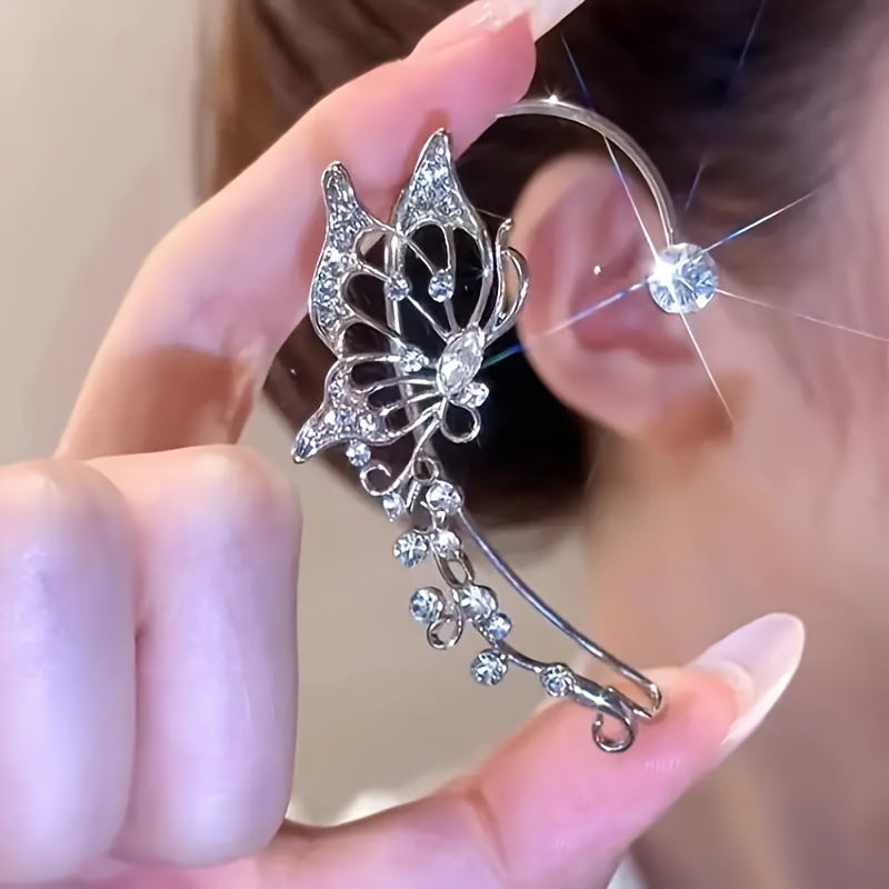 2pcs Butterfly Fairy Ear Cuff Earrings – Non-Pierced Elven Ear Crawlers with Sparkling Synthetic Zircon, Handmade Fantasy Jewelry for Women & Girls, Cosplay or Special Events