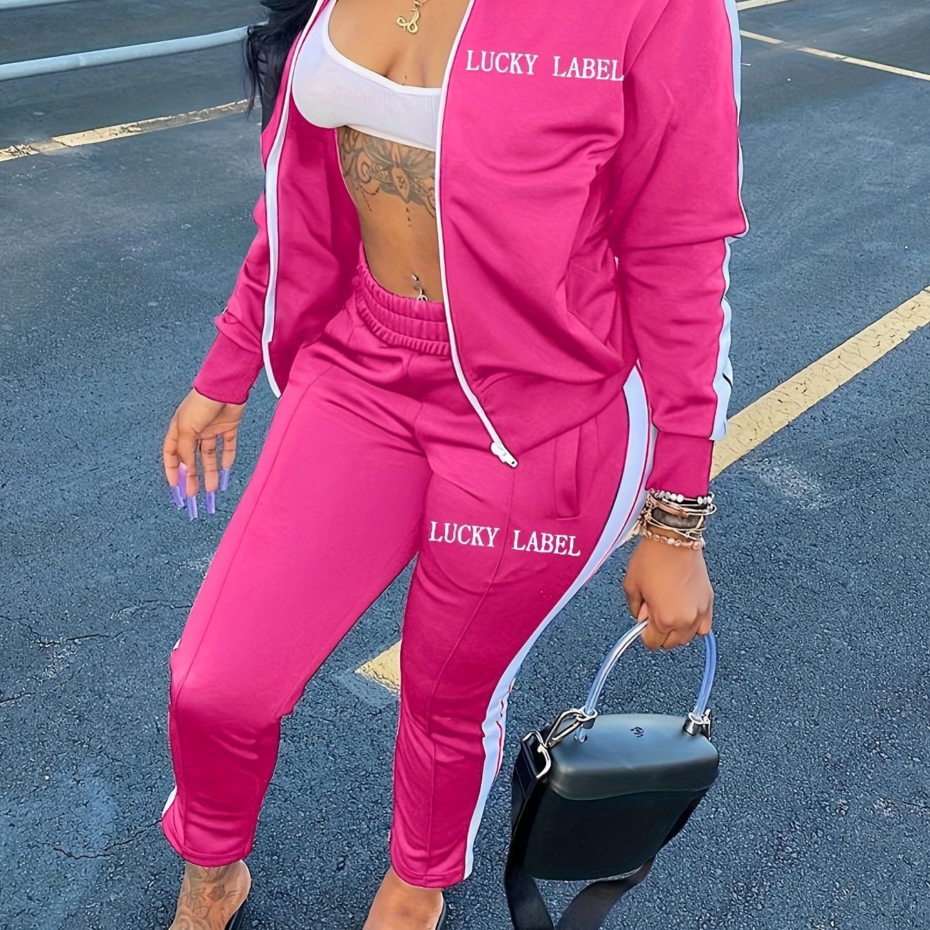 Women's Letter Pattern Striped Two-piece Set, Zip Up Long Sleeve Tops & Elastic Waist Pants Outfits - Casual Style - For Women - Perfect for Daily Wear, Parties & Going Out