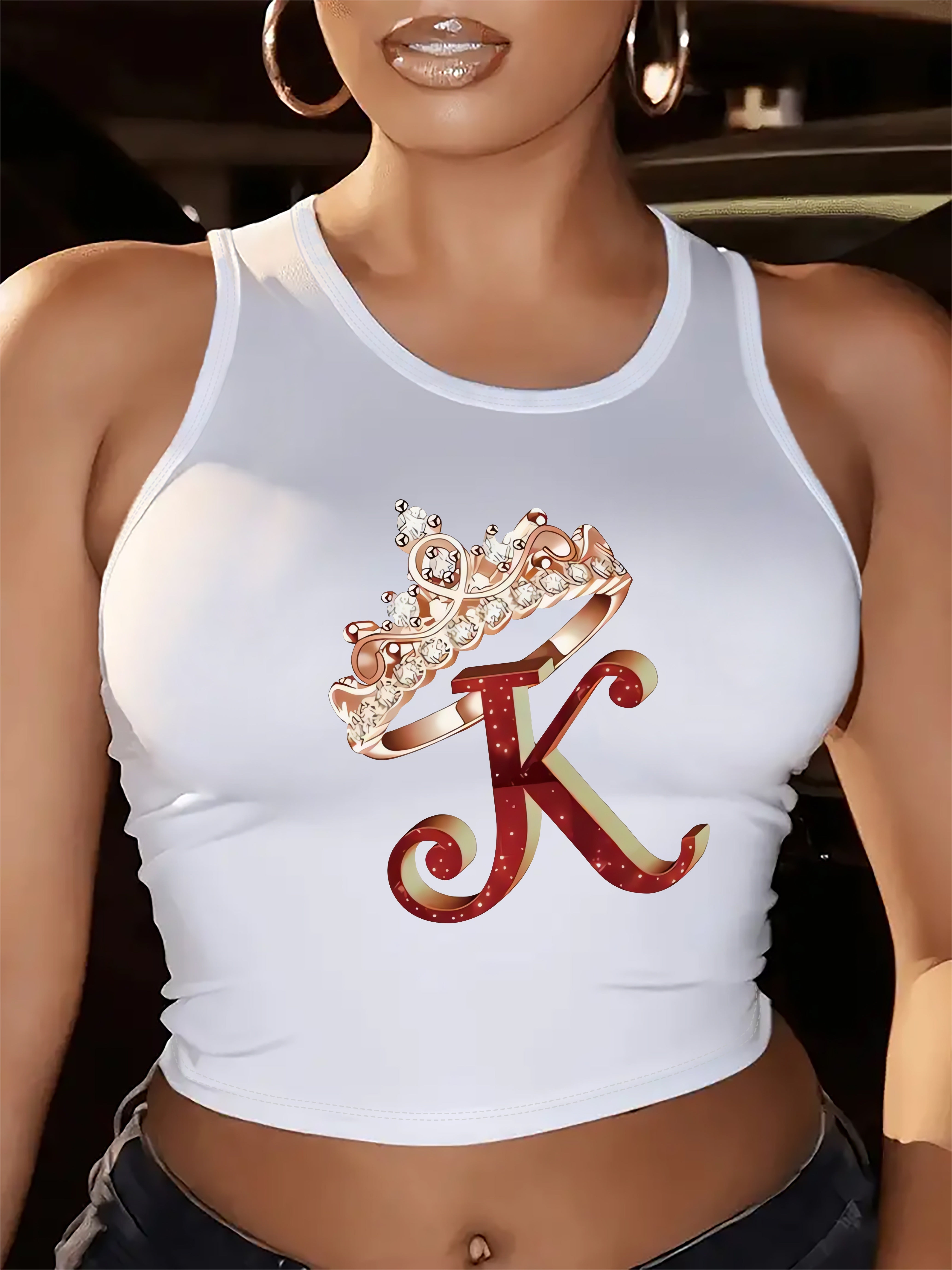 Chic Maroon Sleeveless Tank Top for Women with Crown & "K" Design - Casual Crew Neck, Breathable Polyester Blend, Perfect for Spring/Summer
