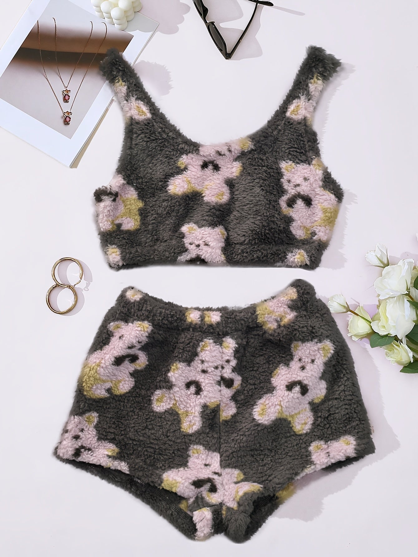 Women'S Fuzzy Loungewear Lady'S Pajamas Sleeveless Tank Top and Shorts Plush PJ Set