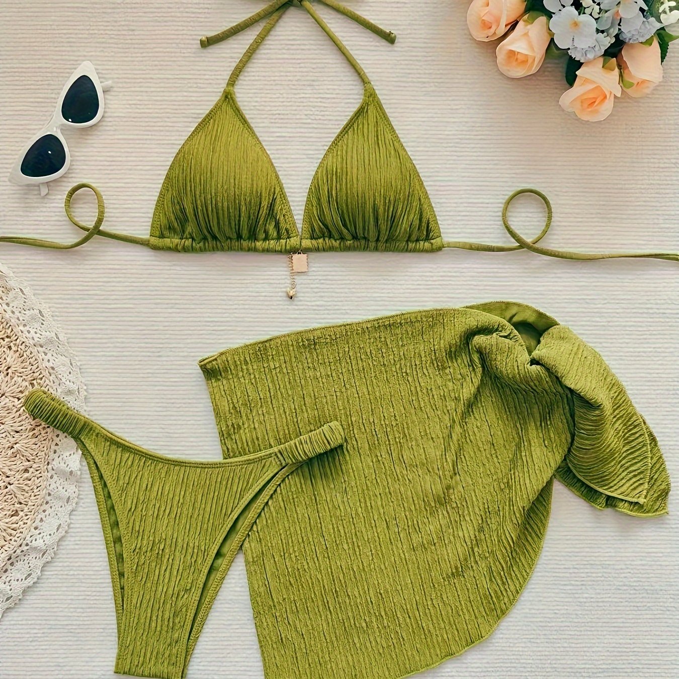 Women's Sexy Solid Color Bikini Swimsuit Three Piece Set