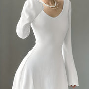 Elegant Long Sleeve V-Neck Bodycon Dress with Ruffled Hem Polyester Blend Solid Color Knit Fabric for Women - Fall Season Style