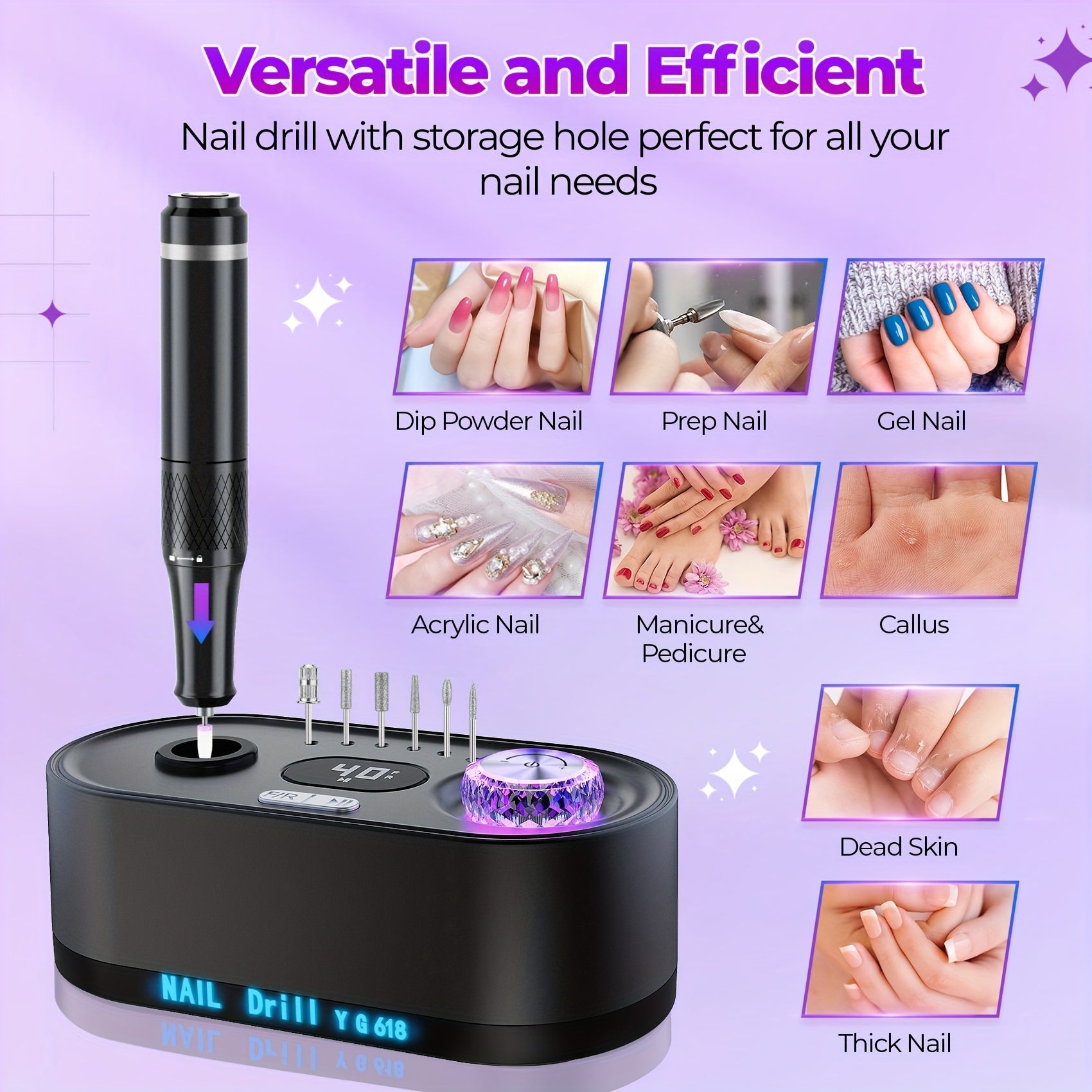 Electric Nail Drill Machine 40000RPM Professional Efile Nail Drill Kit, High Speed, Low Heat, Low Noise, Low Vibration, Electric Nail File For Acrylic Gel Nails, Toenail Shaping, Buffing, Grinder Manicure Pedicure Polishing S