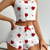 Charming Women's Heart Print Cami & Shorts Set – Cute Red & White Summer Knit Outfit with Bow Detail, Stretchy Polyester Blend