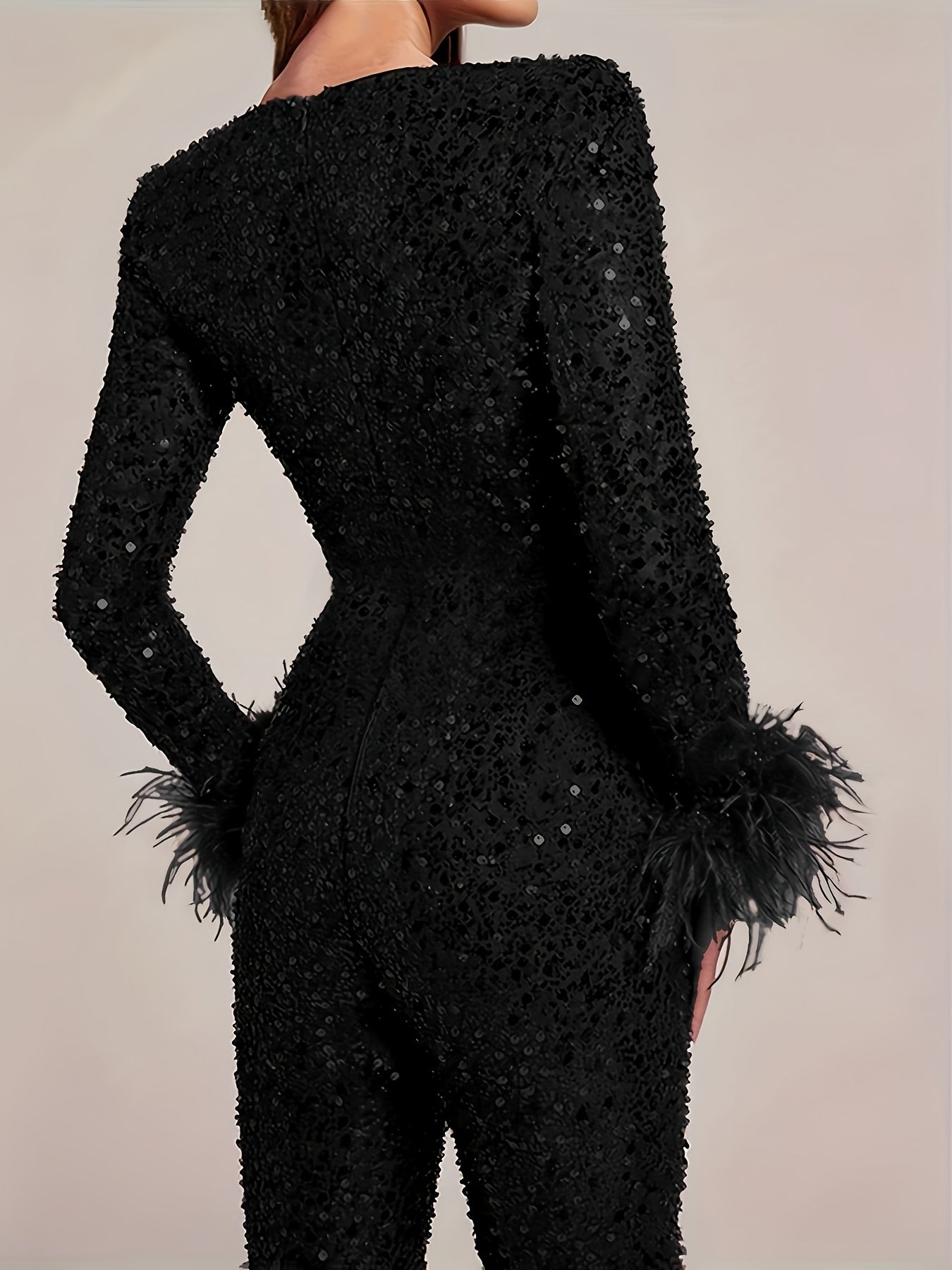 Women's Elegant Black Sequin V-Neck Jumpsuit with Details - Sleeve Flared Leg Party Outfit for Fall/Winter, Glittery Polyester Blend, Hand Wash Only