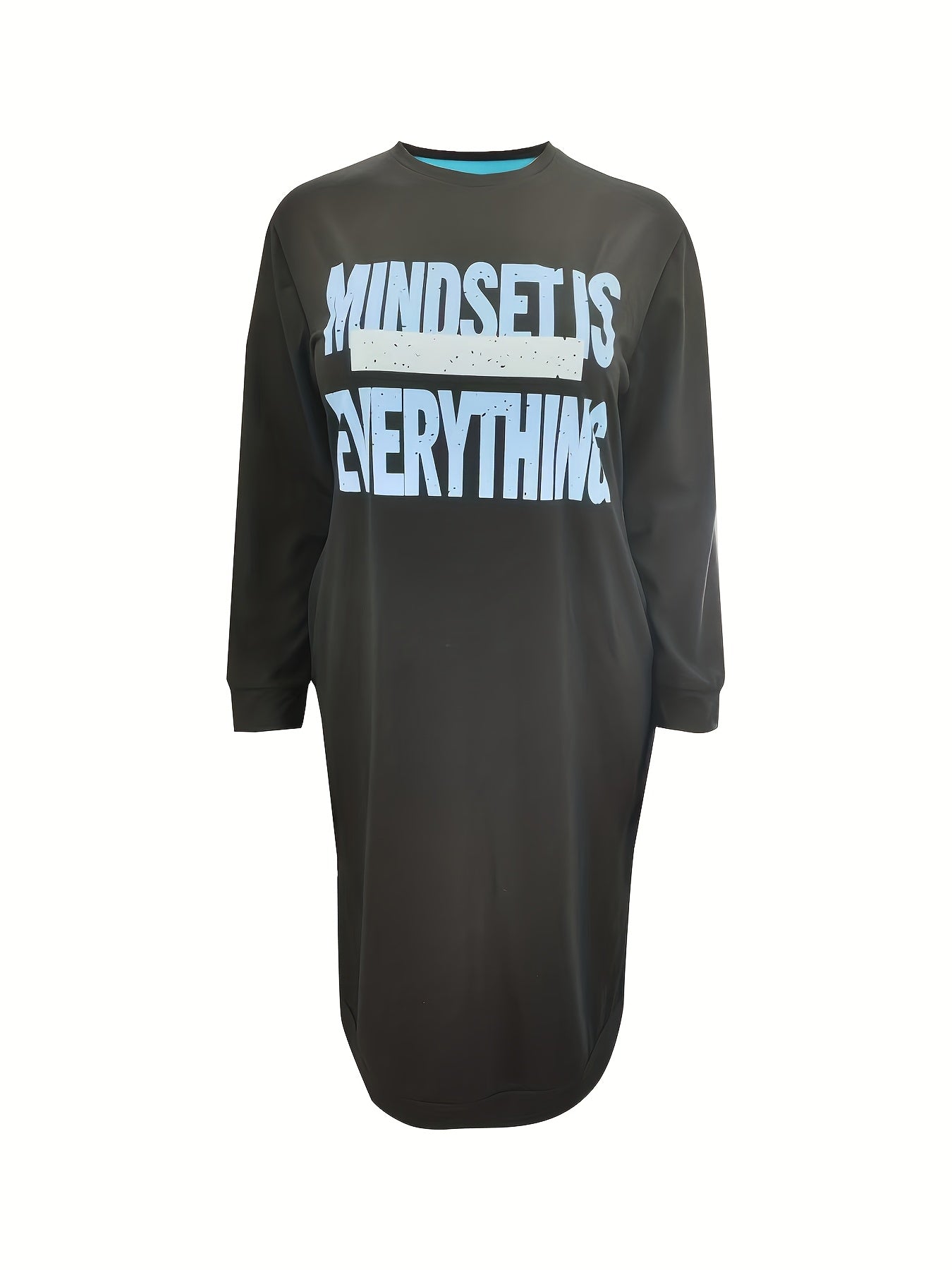 Plus-Size Casual Dress for Women, Featuring a Stylish Printed Color-Blocked Design with a Slit, Resembling a Sweatshirt Dress.