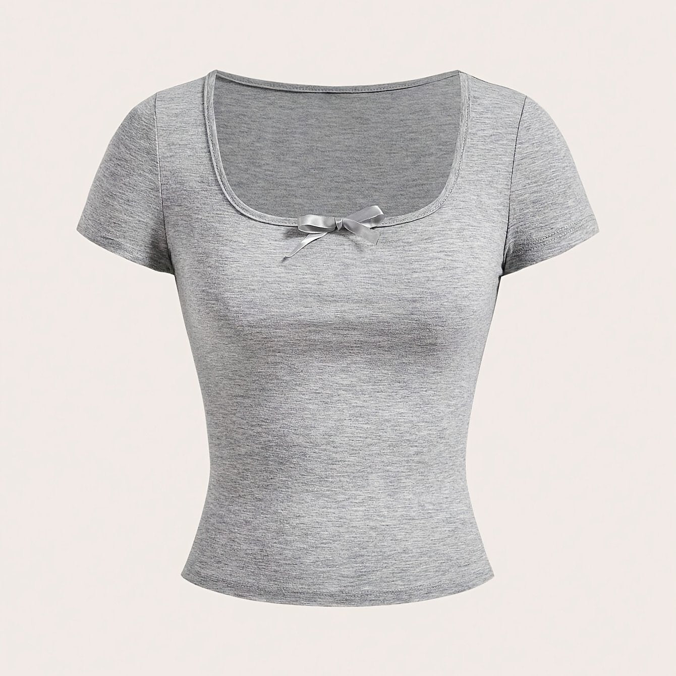 Ezwear Light Gray Knitted Women'S Summer Short-Sleeve Fitted T-Shirt with Bow Decoration And Square Neckline.