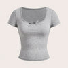Ezwear Light Gray Knitted Women'S Summer Short-Sleeve Fitted T-Shirt with Bow Decoration And Square Neckline.