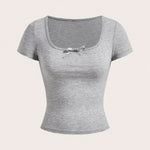 Ezwear Light Gray Knitted Women'S Summer Short-Sleeve Fitted T-Shirt with Bow Decoration And Square Neckline.