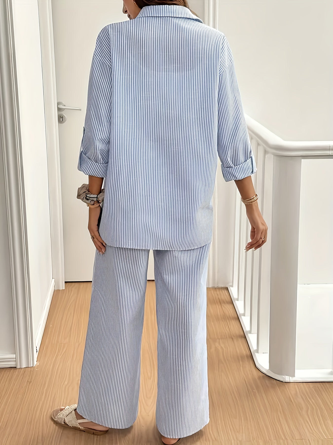 Women's Striped Polyester Two-Piece Set for Spring and Autumn, Casual Style Evening Mist