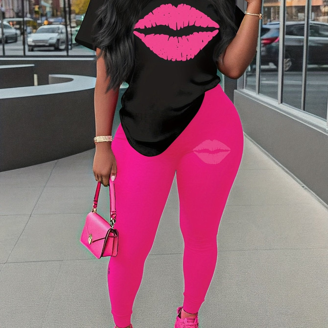 love graphic print two piece set, short sleeves T-shirt & Leggings, Women's clothing