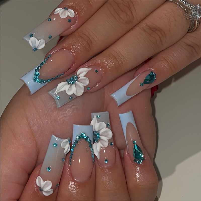 (100pcs) 4pack Glossy Long Ballerina Fake Nails + 4pcs Bracelet Blue Gradient Press On Nails With 3D Flower Butterfly Rhinestone Design Beads Bangle Sparkling Full Cover FalseNails For Women Girls