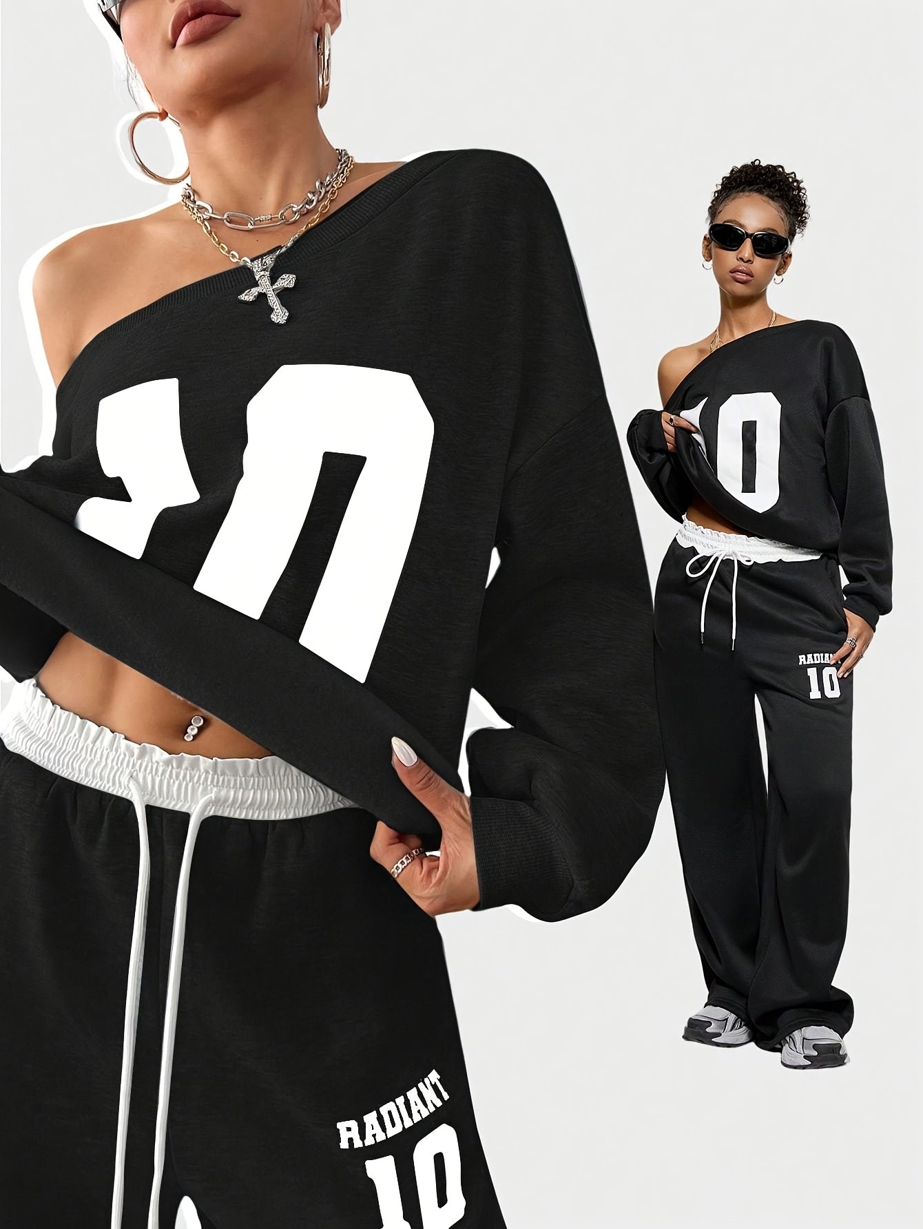 Digital Print Warm Asymmetric Collar Long Sleeve Sweatshirt and White Elastic Waist Wide Leg Jogging Pants