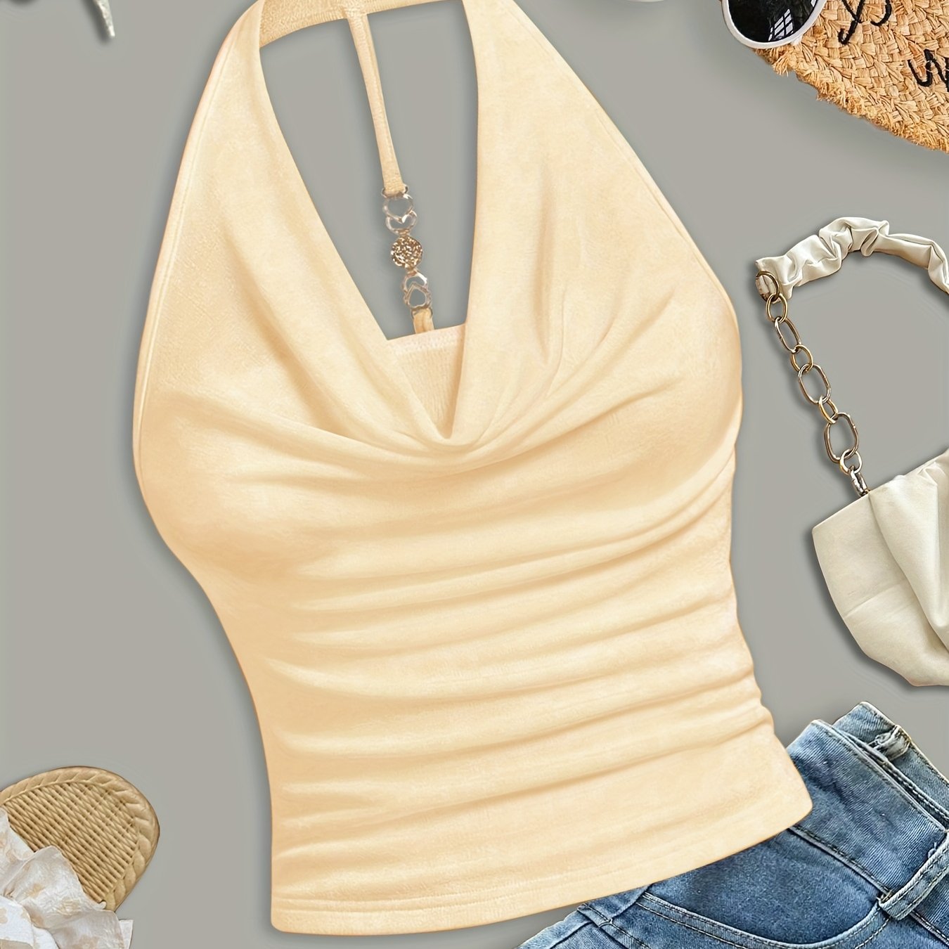 Women's Sexy Halter Neck Sleeveless Top - Semi-Sheer Stretchy Slim Fit Backless Shirt, Vibrant Yellow Solid Color, Machine Washable for Casual & Evening Outfits, Evening Wear, Backless Design, Sensual Apparel, Semitransparent