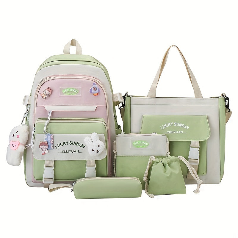 Five-Piece Large Capacity Double Shoulder Bag Women's Fashion Simple Color-Block Casual Backpack (No Pendant, Badge Ladies Travel Bag)