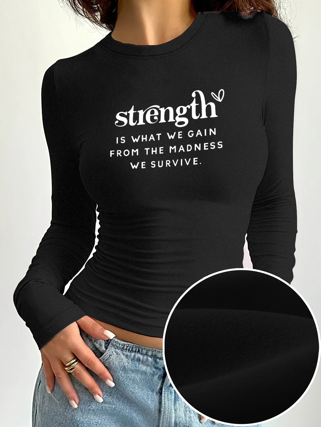 Women's Elegant Crew Neck Long Sleeve T-Shirt with Motivational Quote Applique - Polyester Blend Knit Fabric, Medium Stretch, Skinny Fit Fall/Winter Top