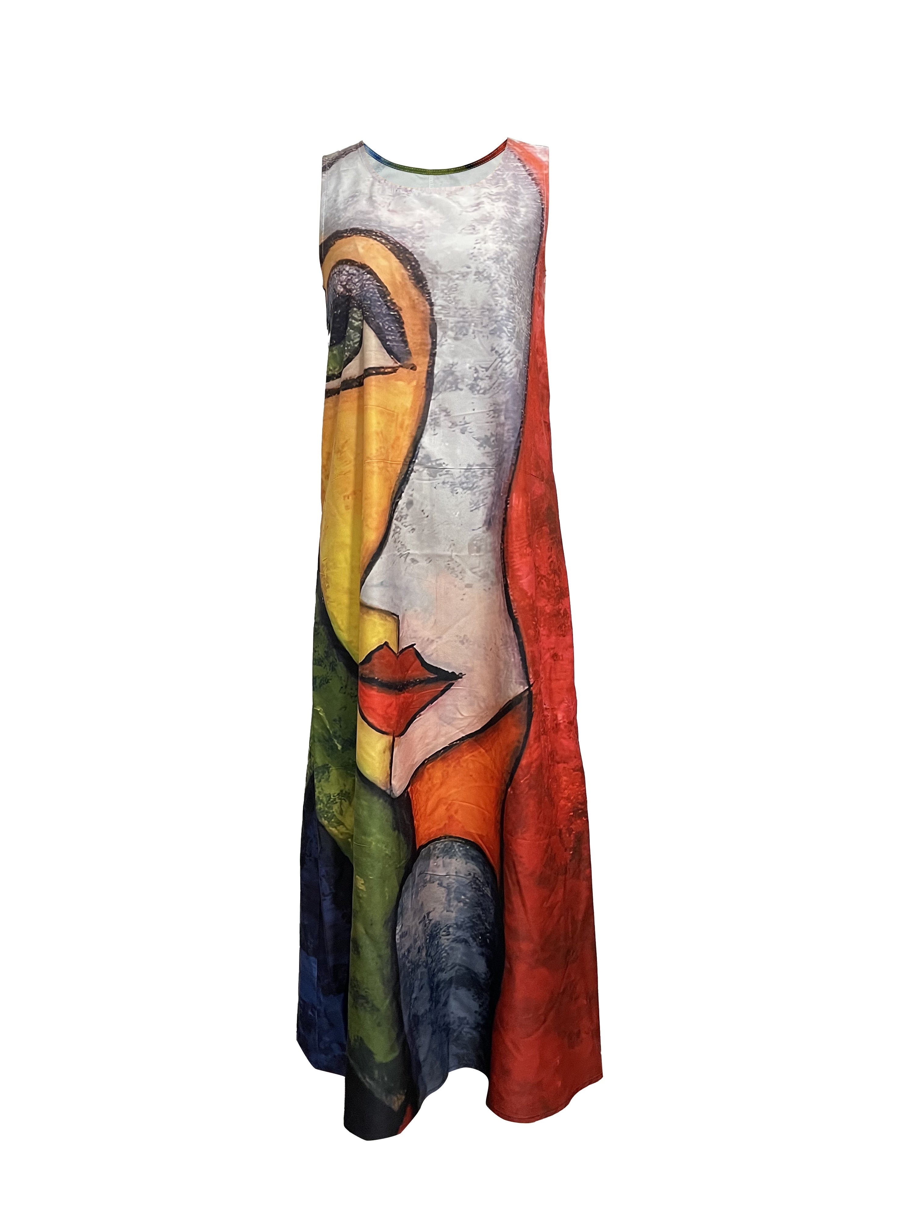 Abstract Print Crew Neck Tank Dress, Casual Sleeveless Maxi Dress For Spring & Summer, Women's Clothing