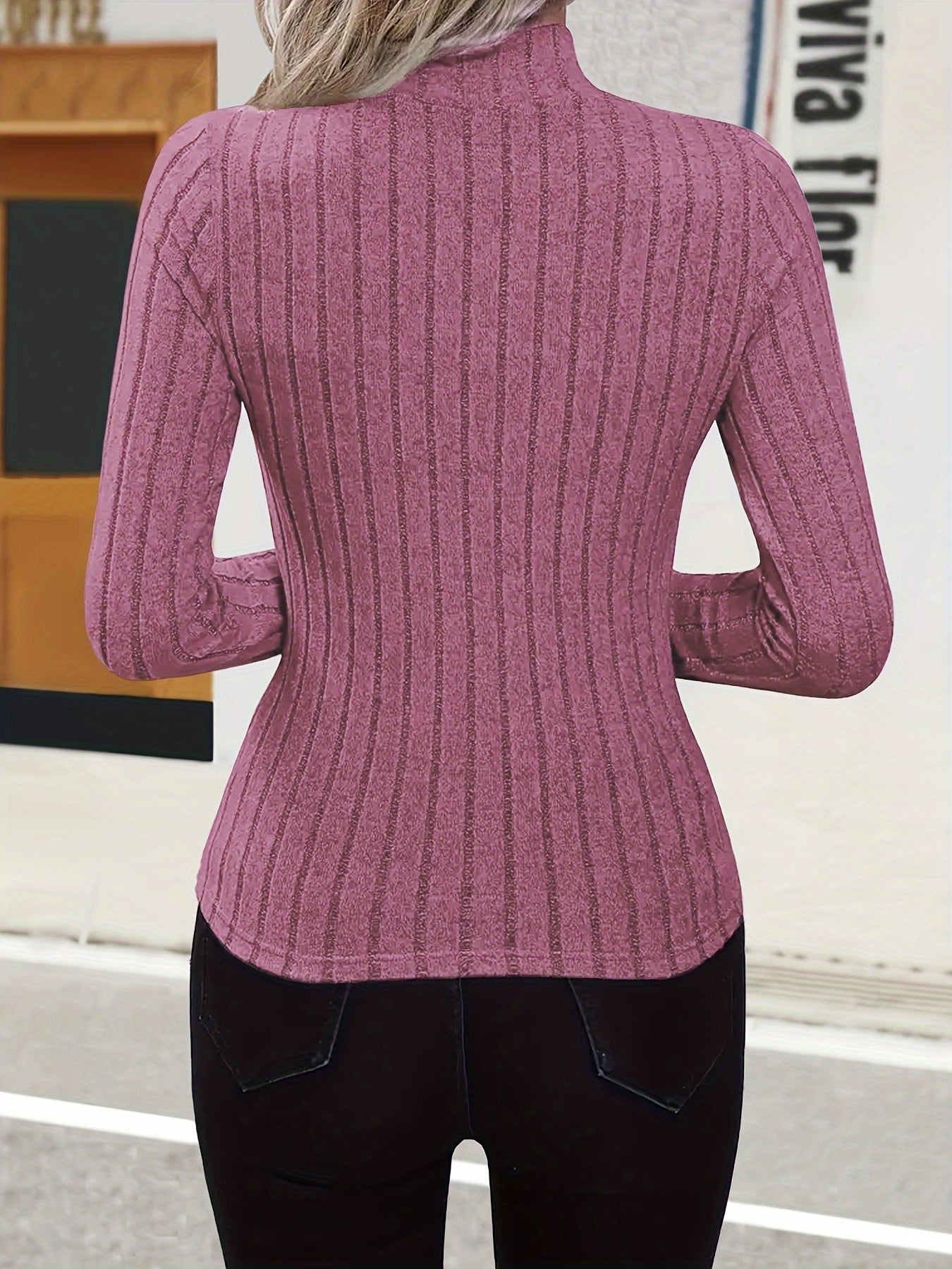 Solid Mock Neck Rib Knit Top, Elegant Long Sleeve Slim Versatile Sweater, Women's Clothing