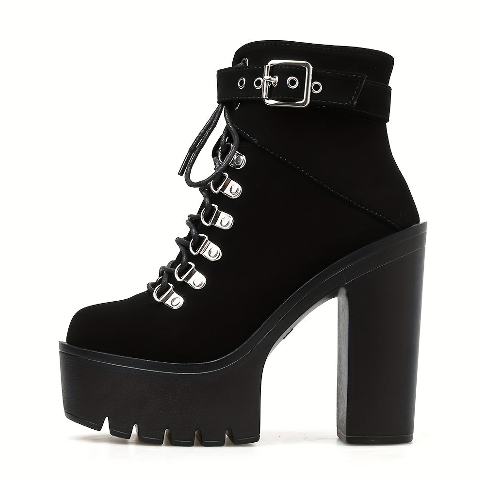 Black Women's Platform High Heels Ankle Boots, Round Toe Lace Up Ankle Buckle Strap Fashion Party Motorcycle Short Pumps