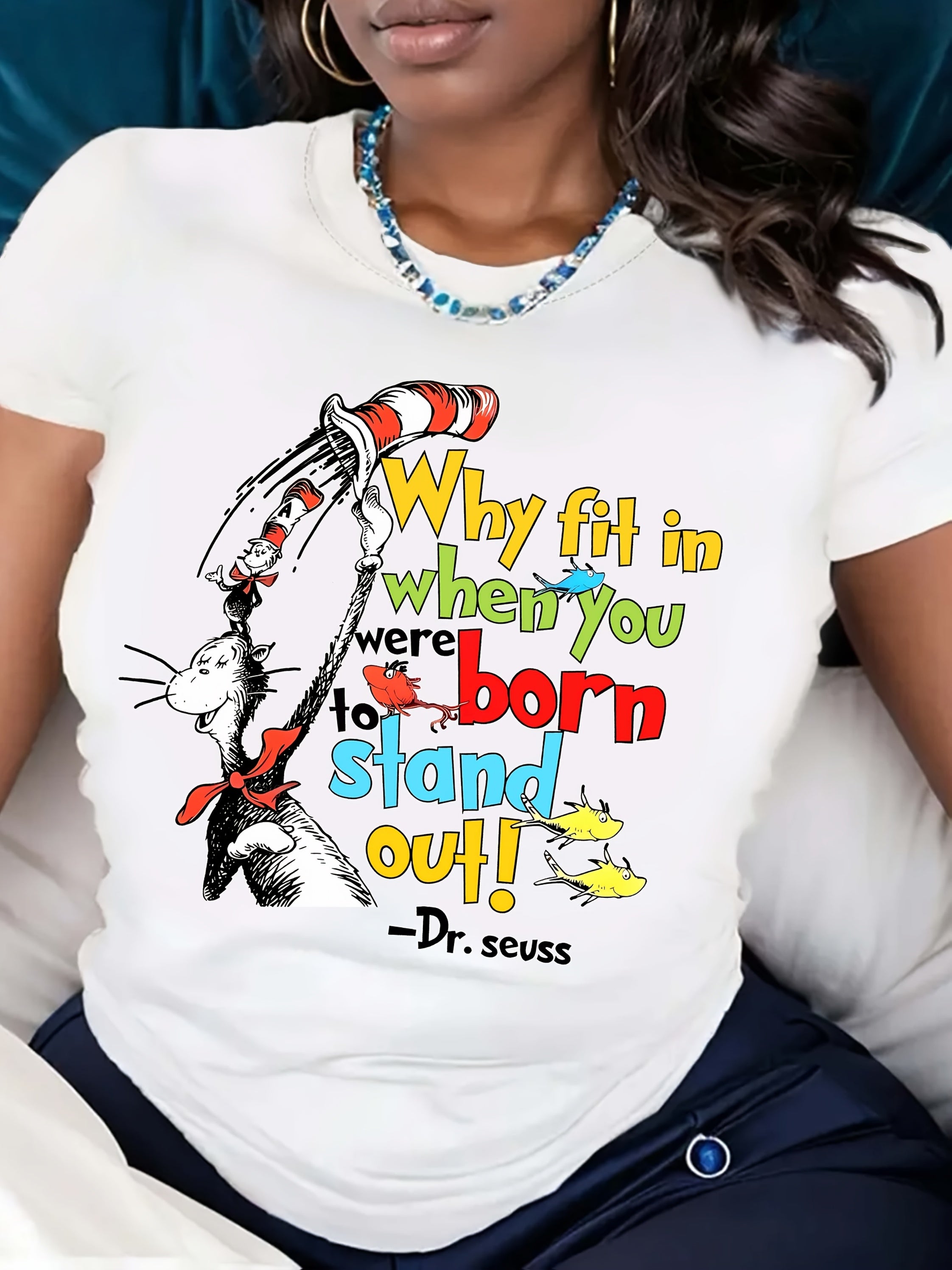 Women's Red Cartoon Graphic T-Shirt - "Why Fit In When You Were Born to Stand Out!" Dr. Seuss Quote, Casual Short Sleeve Crew Neck Top, Perfect for Spring & Summer