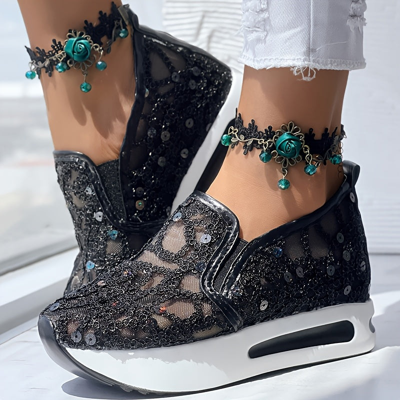 Abstract Print Side Lace-up Casual Wedge Sneakers - Without Anklet