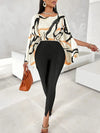 Women's Elegant Geometric Print Long Sleeve Blouse with Round Neck and Side Slit - Black, White, Orange, Yellow-Orange Abstract Design - Polyester & Elastane Blend - Machine Washable - Spring/Fall Fashion Top, Ladies Blouses