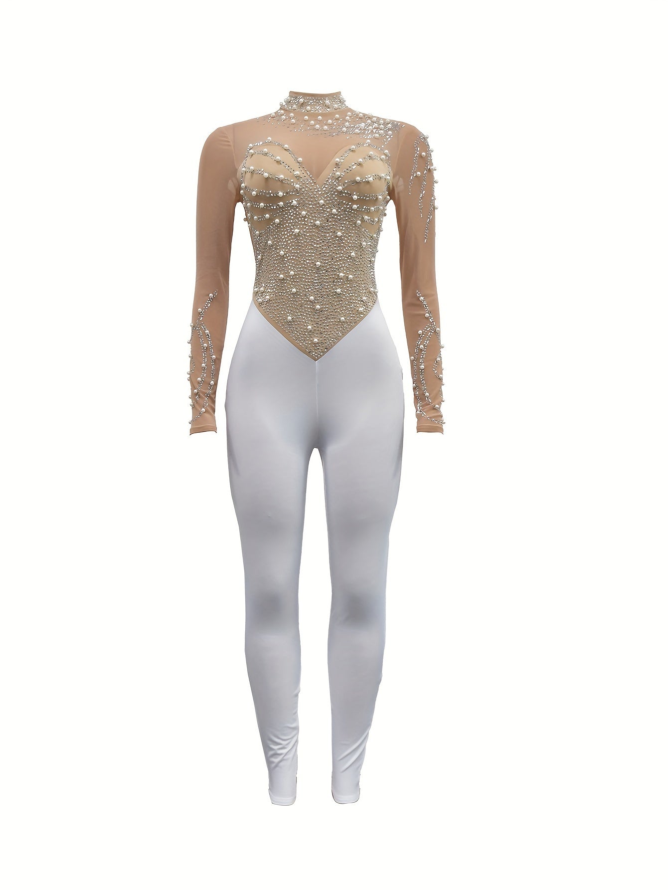 Rhinestone Illusion Neck Jumpsuit, Elegant Long Sleeve Tight Jumpsuit For Party & Club - Women's Clothing -  Sparkly Rhinestone Design -  Suitable for Evening Events & Parties - Perfect Gift for Women