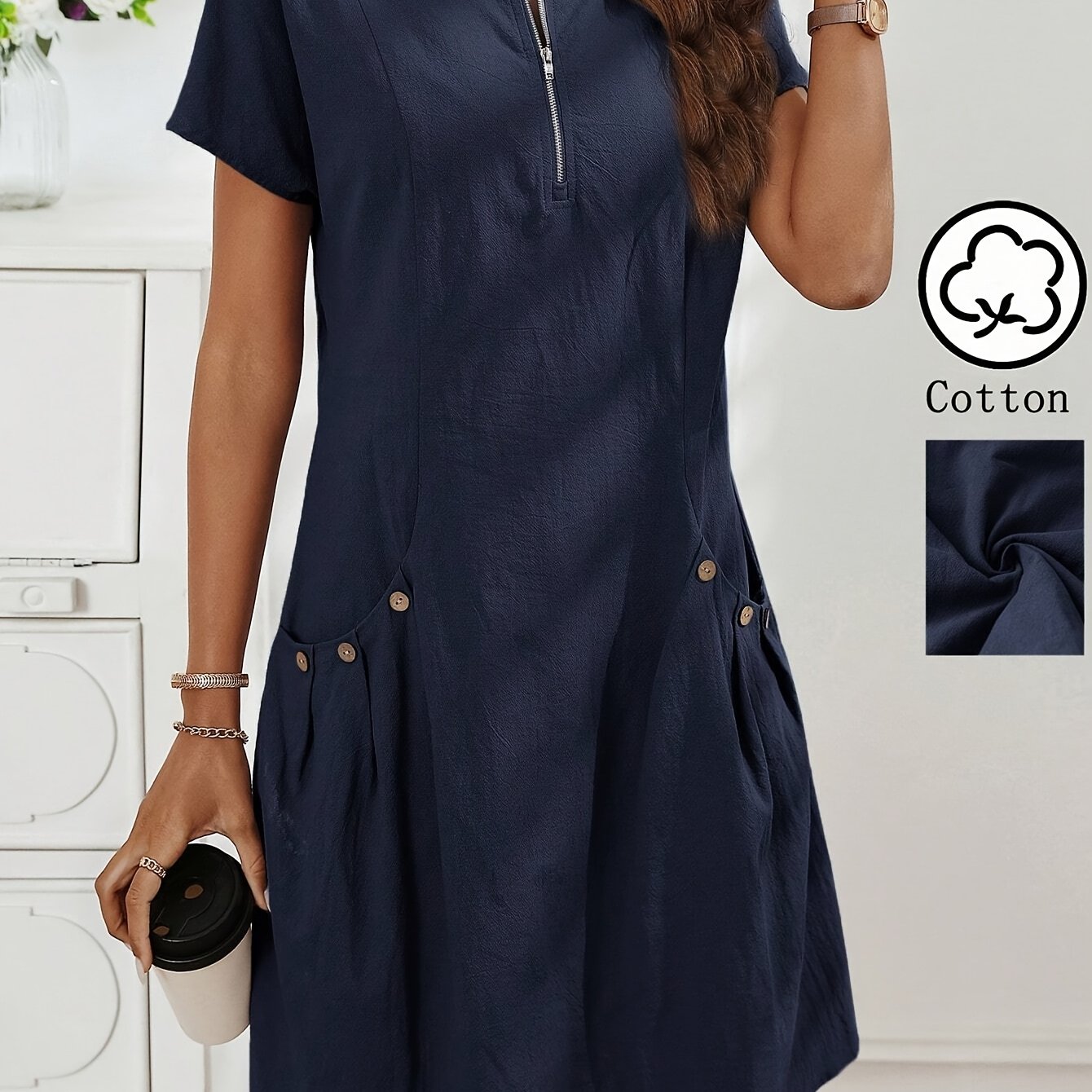 Women's Light Pink Summer Casual Dress with Zipper Half Placket, Button Decor & Double Pockets - Elegant Loose Fit for Spring/Summer, Cute Summer Dresses