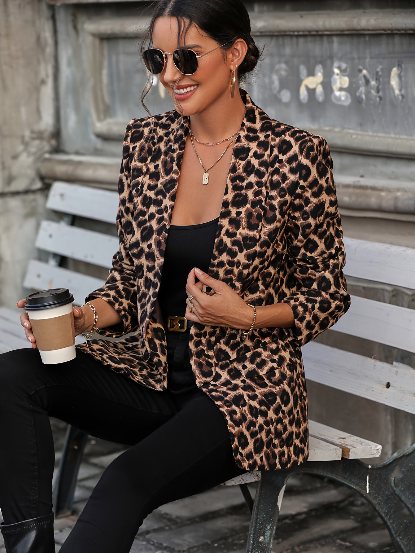 Leopard Print Open Front Blazer, Elegant Lapel Neck Long Sleeve Blazer For Office & Work - Women's Clothing - Stylish & Professional - Suitable for Business Meetings & Formal Events - Perfect Gift for Women