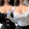 Women'S Fashion Two-Piece Top Set, Sexy Short Style with Bow Detail, Long Sleeve, Scoop Neck, Solid Color, Regular Fit, All-Season Wear, Adult, Tight Fitted, Bow Detail Top|Sleek Fitted Top|Sleek Desig