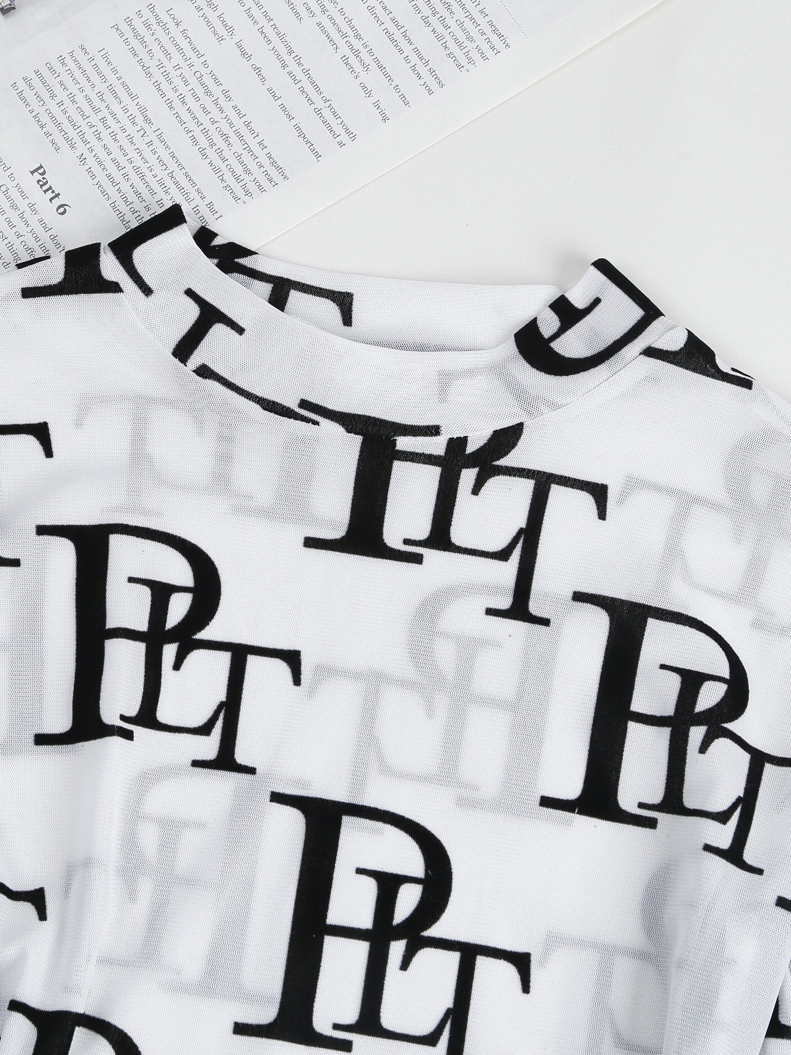 Letter Print Crew Neck Bodysuit, YOUNG Long Sleeve Mesh One Piece Bodysuit, Women's Clothing