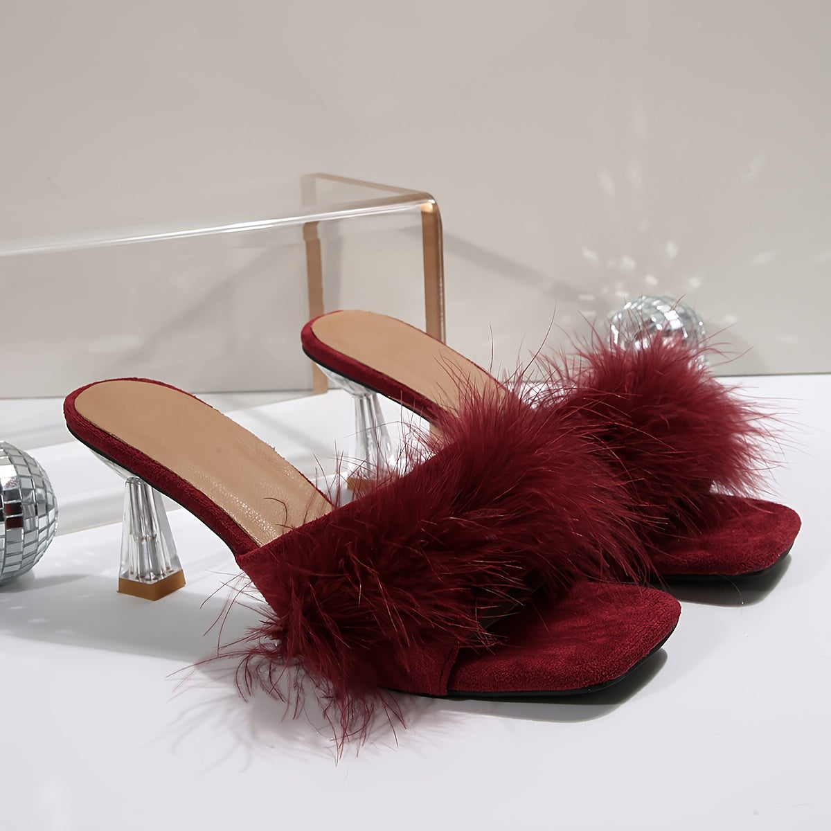 Exquisite Open - Toe High - Heel Slingbacks - Burgundy Furry Upper with Shiny Heels