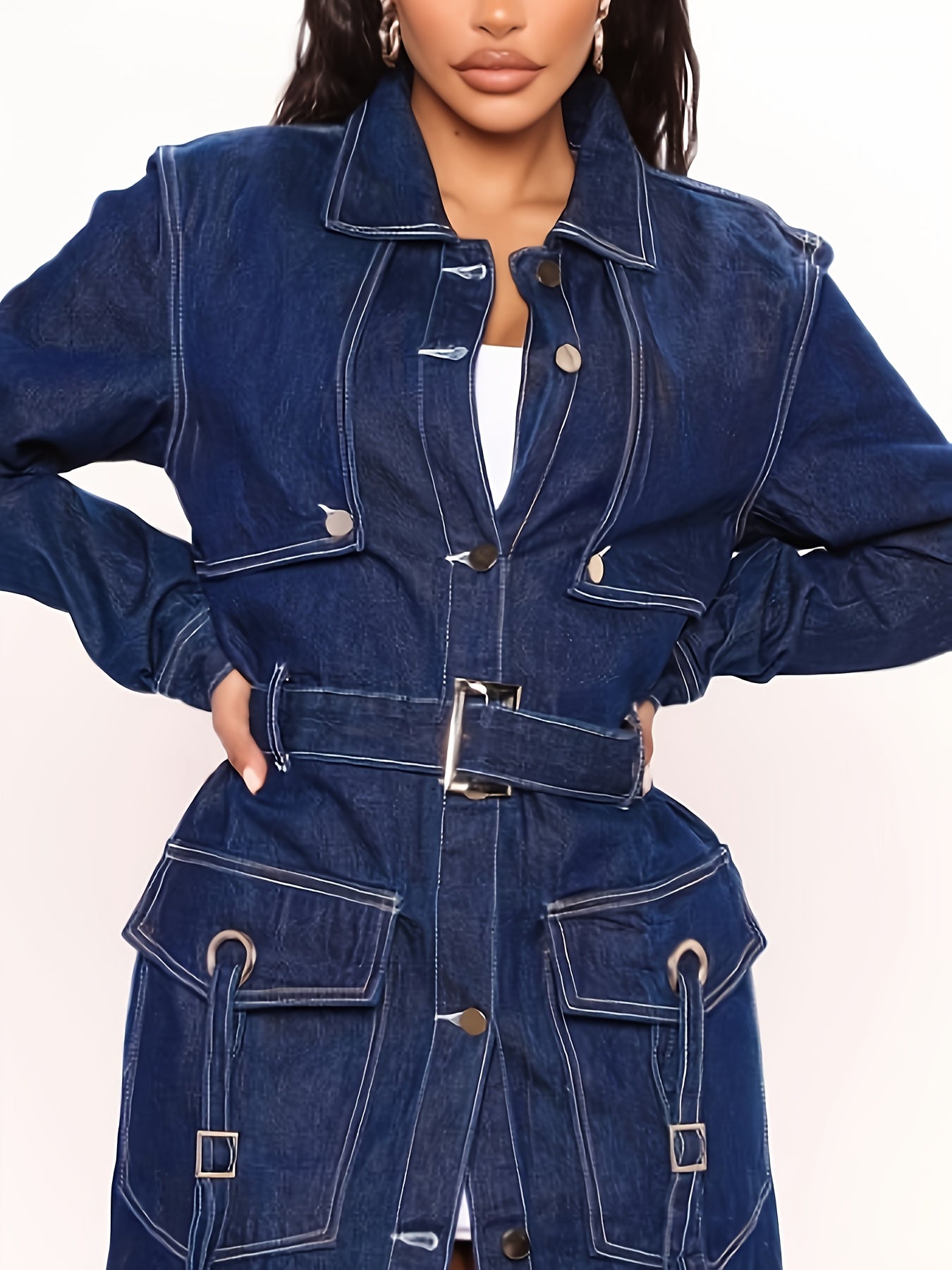 Chic Women's Long Denim Trench Coat with Belt - Classic Button-Up, Long Sleeve Jean Jacket for Spring/Fall