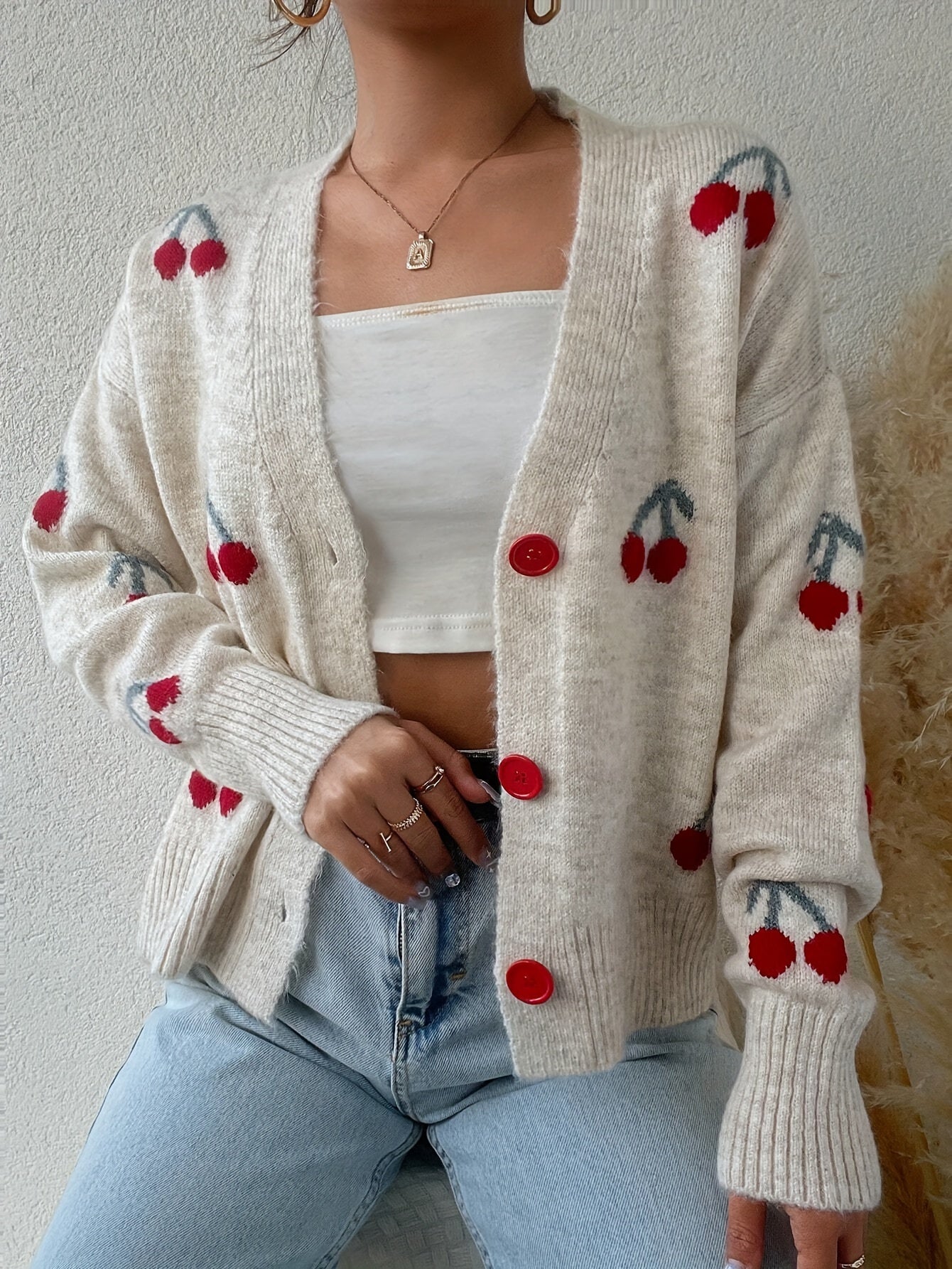 Elegant Cherry Pattern Knit Cardigan for Women - Soft Acrylic Blend, Open Front, Long Sleeve, Cozy Autumn Style with Red Cherry Design on White Background, Cherry Decor