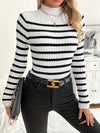 Women's Striped Turtleneck Sweater - Sleeve, Ribbed Detail, High-Stretch Polyester Knit for Spring/Fall, Black & White Vertical Stripes, Casual Pullover Style, Casual Wear | Fashion Essentials | Ribbed Texture