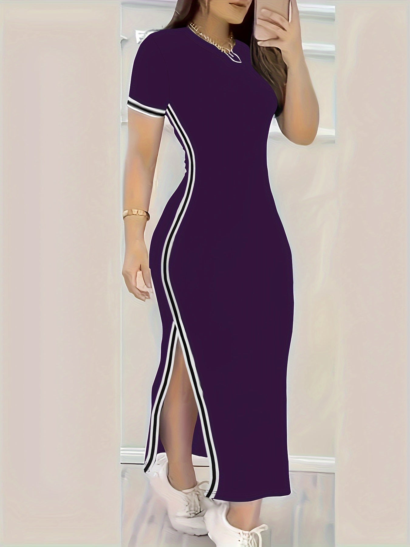 Contrast Trim Split Hem Bodycon Dress, Short Sleeve Crew Neck Casual Dress, Women's Clothing For Party Dressing