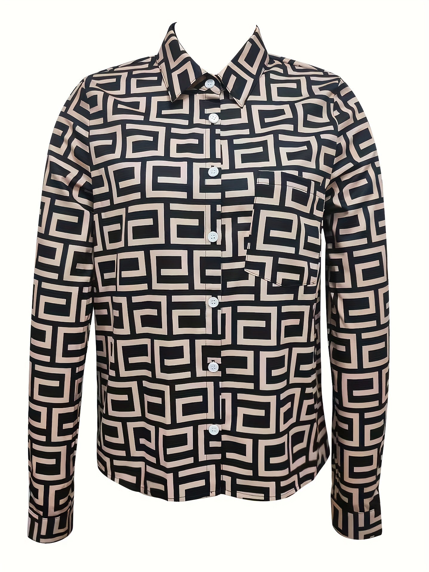 Women's Elegant Loose-Fit Long Sleeve Shirt - Soft Light Beige-Friendly Fabric, Black & White Geometric Print Lapel Collar Button-Up Blouse for Spring & Fall Casual to Semi-Formal Wear, Ladies Blouses