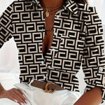 Women's Elegant Loose-Fit Long Sleeve Shirt - Soft Light Beige-Friendly Fabric, Black & White Geometric Print Lapel Collar Button-Up Blouse for Spring & Fall Casual to Semi-Formal Wear, Ladies Blouses