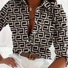 Women's Elegant Loose-Fit Long Sleeve Shirt - Soft Light Beige-Friendly Fabric, Black & White Geometric Print Lapel Collar Button-Up Blouse for Spring & Fall Casual to Semi-Formal Wear, Ladies Blouses
