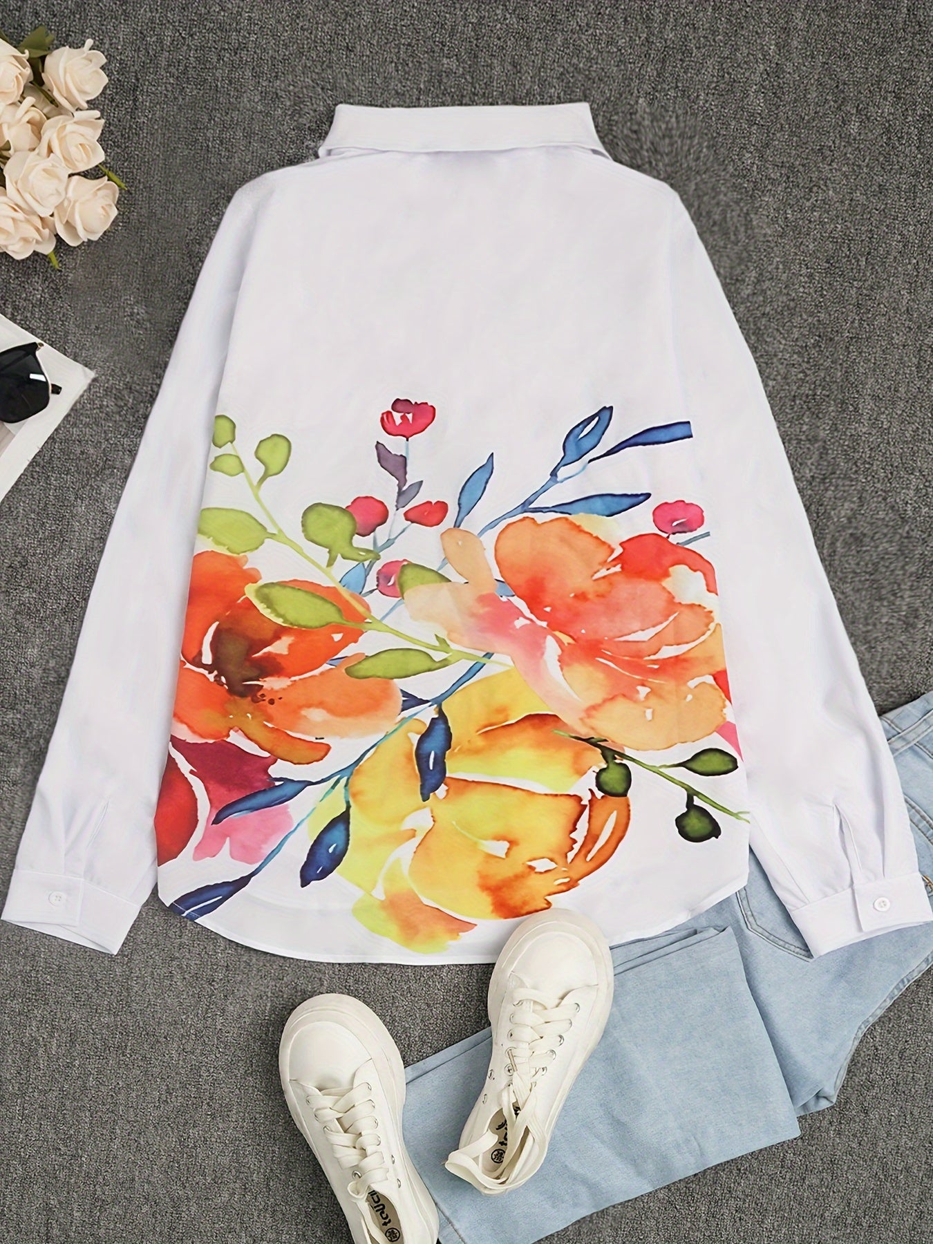New Women'S Casual Ink Painting Printed Button-Up Long Sleeve Shirt