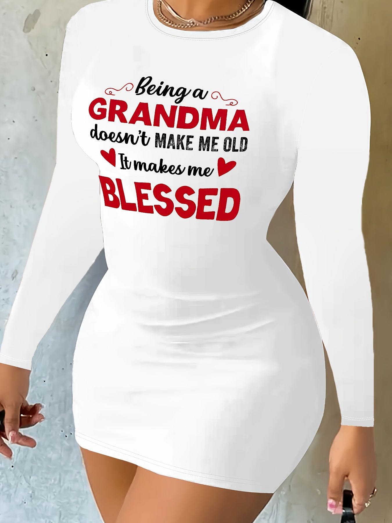 [Family Gathering] Chic 'Being a Grandma Makes Me Blessed' Printed Bodycon Dress - Stretchy & Comfortable, White with Red Text, Round Neck, Long Sleeves - Perfect for Fall/Winter, Machine Washable - Women's Fashion