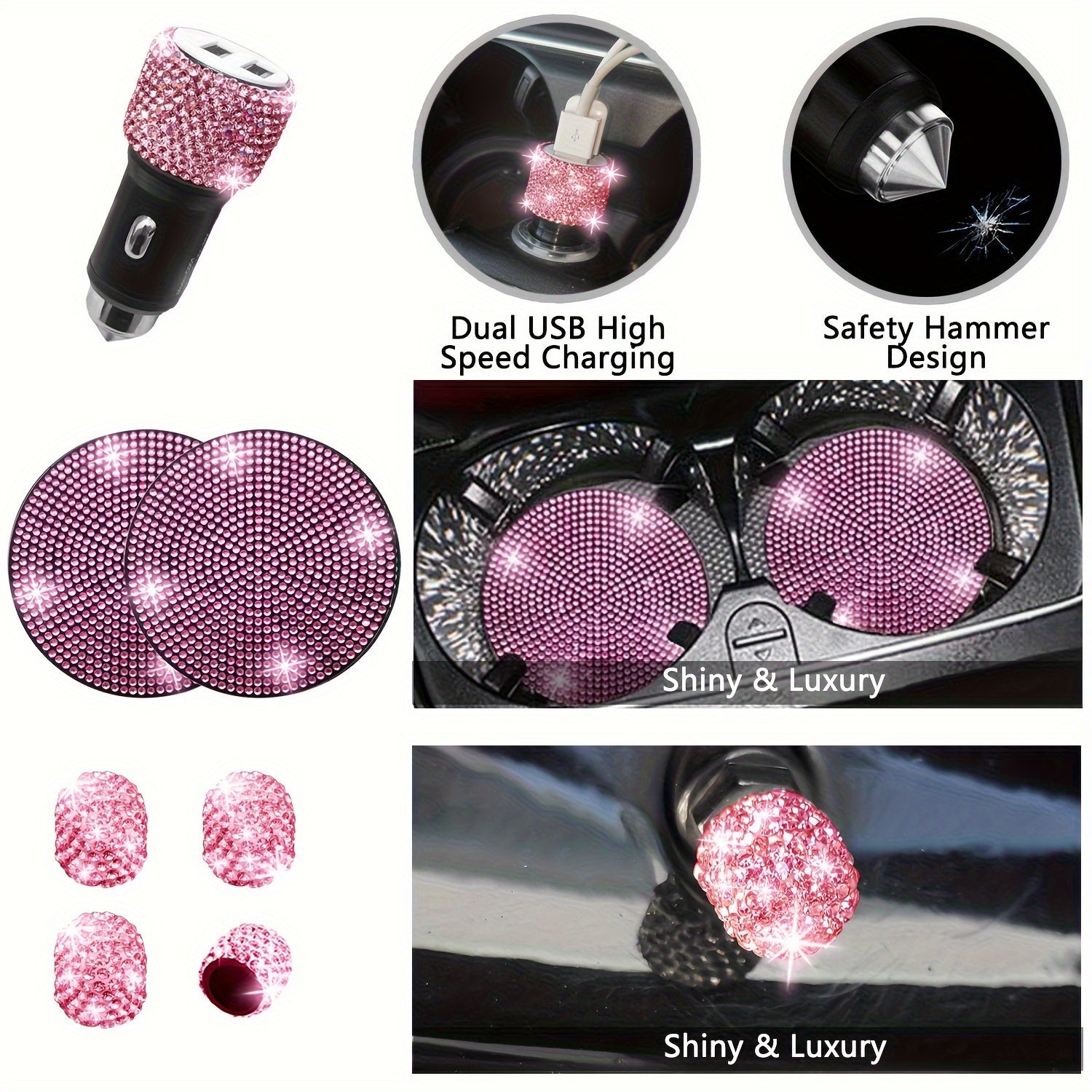 [Diamond Steering Wheel Cover] Artificial Diamond Steering Wheel Cover and Coaster Set - Car Decoration