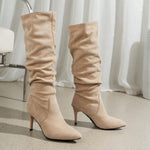 Festive Winter Knee-High Boots: Handwash or Dry Clean, Solid Color, French Heel, Fabric Upper, PU Sole, Fabric Insole, No Print, High Heel