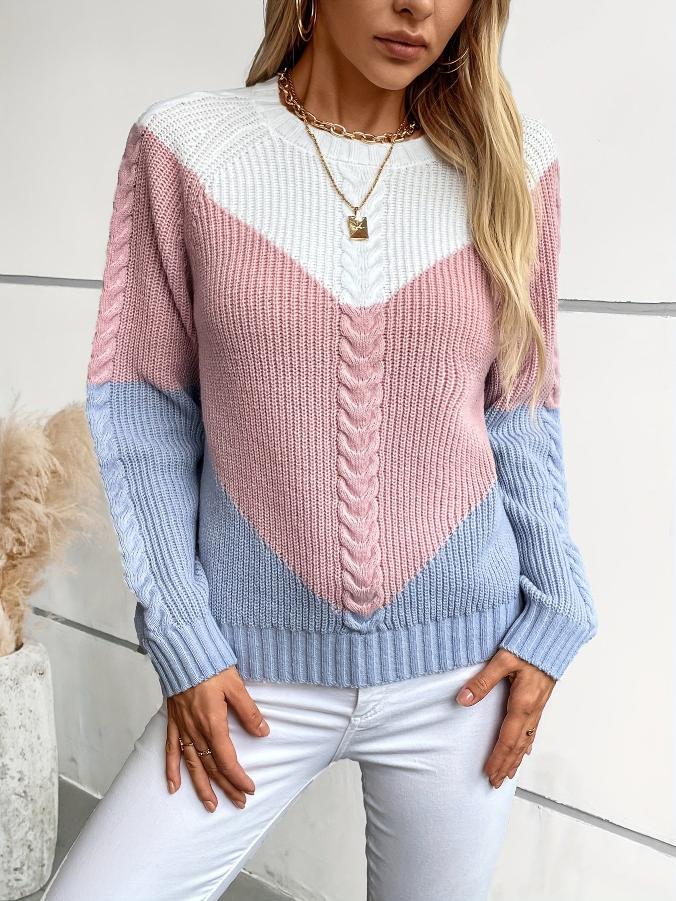 For Fall & Winter, Long Sleeve Color Block Crew Neck Pullover Sweater, Casual Knitted Sweater, Women's Clothing
