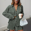 Casual Solid Color Pleated Lapel Long Sleeve Shorts Suit