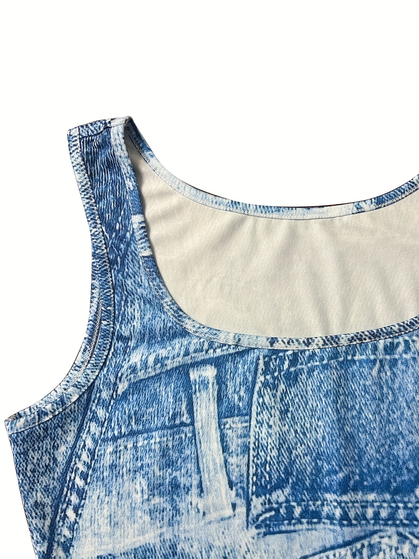 Faux Denim Print Crew Neck Tank Dress, Casual Sleeveless Bodycon Dress For Spring & Summer, Women's Clothing