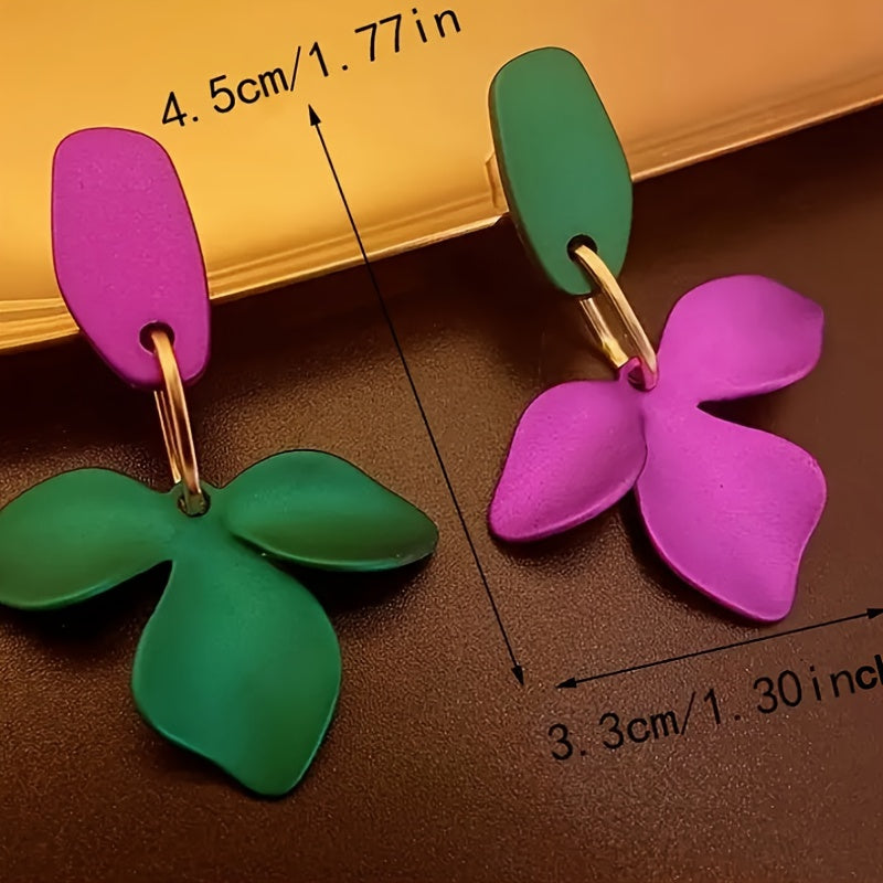 Elegant Asymmetrical Purple & Green Flower Drop Earrings - -Plated Alloy, 925 Sterling Silver Hooks, Perfect for Daily Wear, Parties, and Concerts, Everyday Earrings|Asymmetrical Earrings| Plated Earrings
